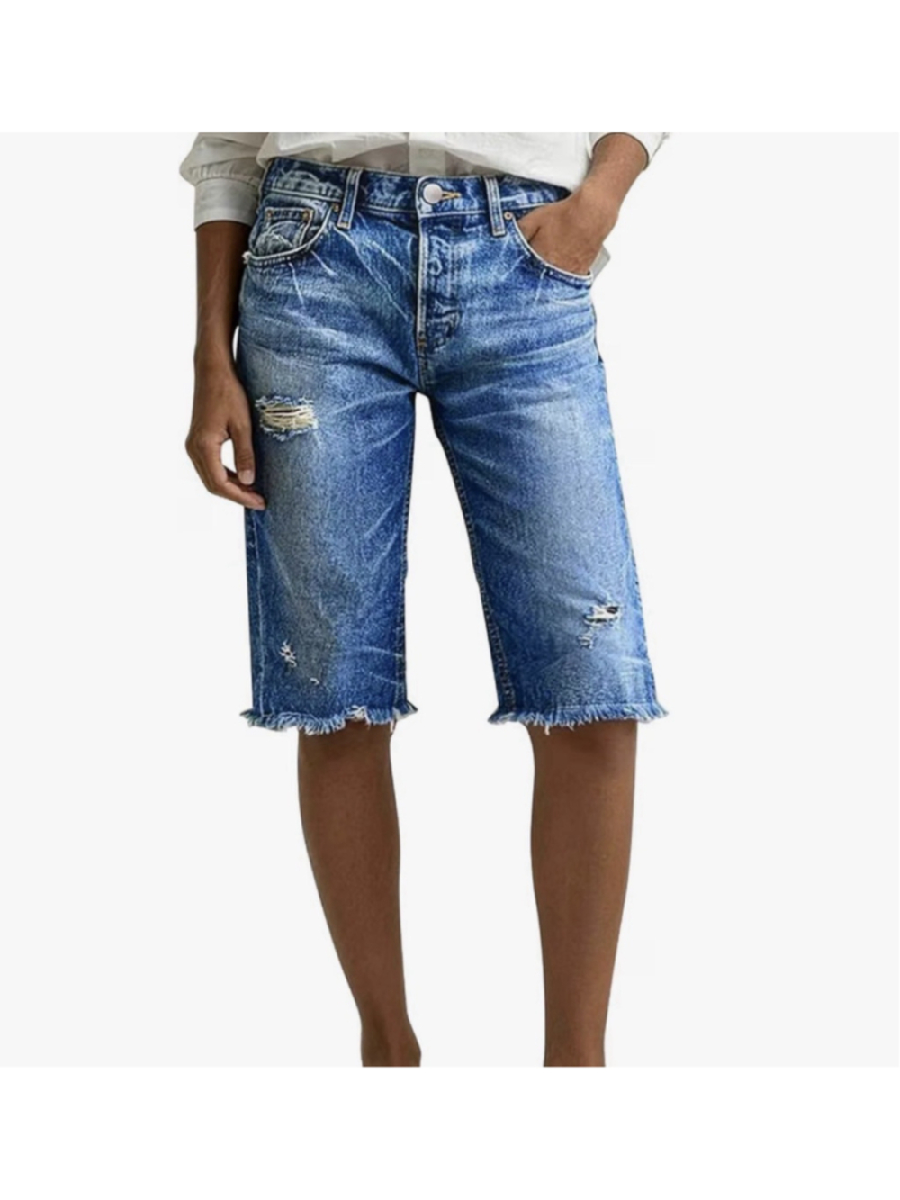 Flamingals Straight Leg Bermuda High Waist Raw Hem Ripped Shorts S